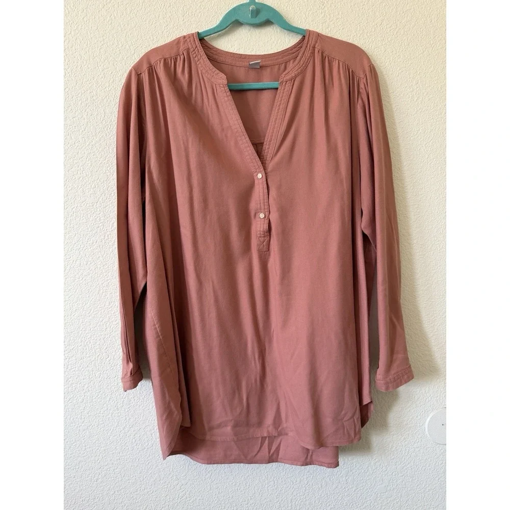 Old Navy Womens XL Dusty Rose Pink Henley Popover Blouse Long Sleeve Top - Picture 2 of 16